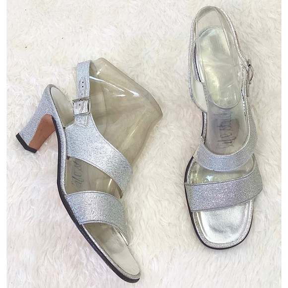 Vintage MOD 60s 70s Silver Sparkle Disco Leather Heel Dress shoes Size 7N - Picture 1 of 6